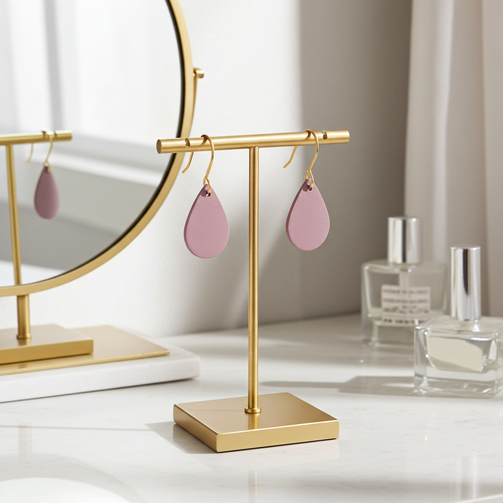 A pair of mauve leather teardrop earrings with gold-plated hooks on a gold earring stand with a mirror and perfume bottles in the. background.