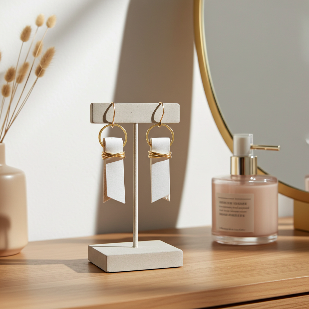 Off-white leather ribbon earrings accented with gold-plated wire and rings on a stand with a bottle of perfume and a vase in the background.