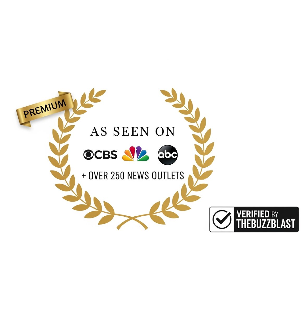 Logo with gold laurel wreath, CBS, NBC, ABC logos, and 'Verified by TheBuzzBlast' badge on a white background.