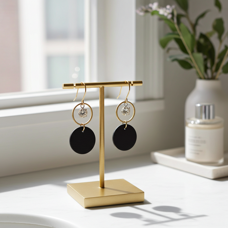A pair of black leather statement earrings featuring gold-plated rings and crystal details on a gold earring stand sitting on a white surface with a window in the background.