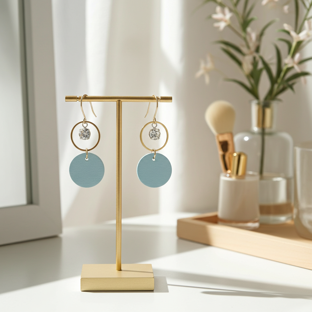 Gold earring stand with blue leather statement earrings featuring gold-plated rings and crystal details on a light surface with a blurred background.