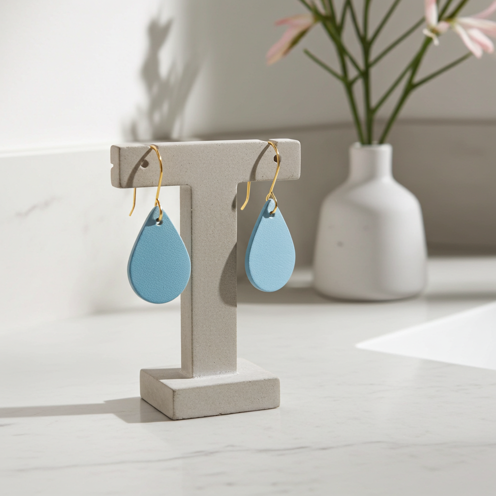 Blue leather teardrop earrings with gold-plated hooks on a gray stand with a white vase and flowers in the background.