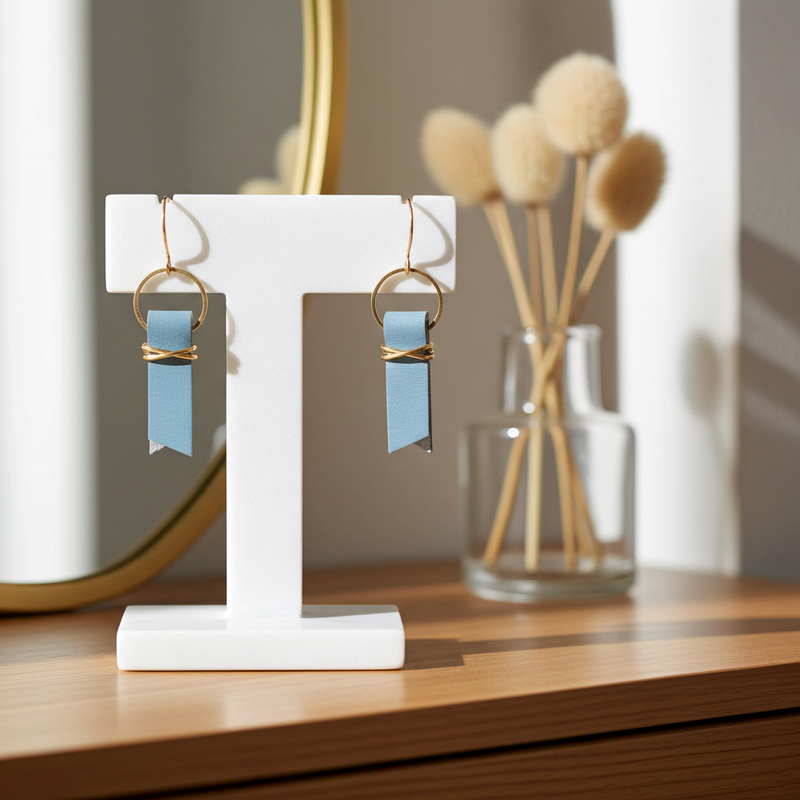 Blue leather ribbon earrings accented with gold-plated wire and rings earrings on a white stand with a blurred background.