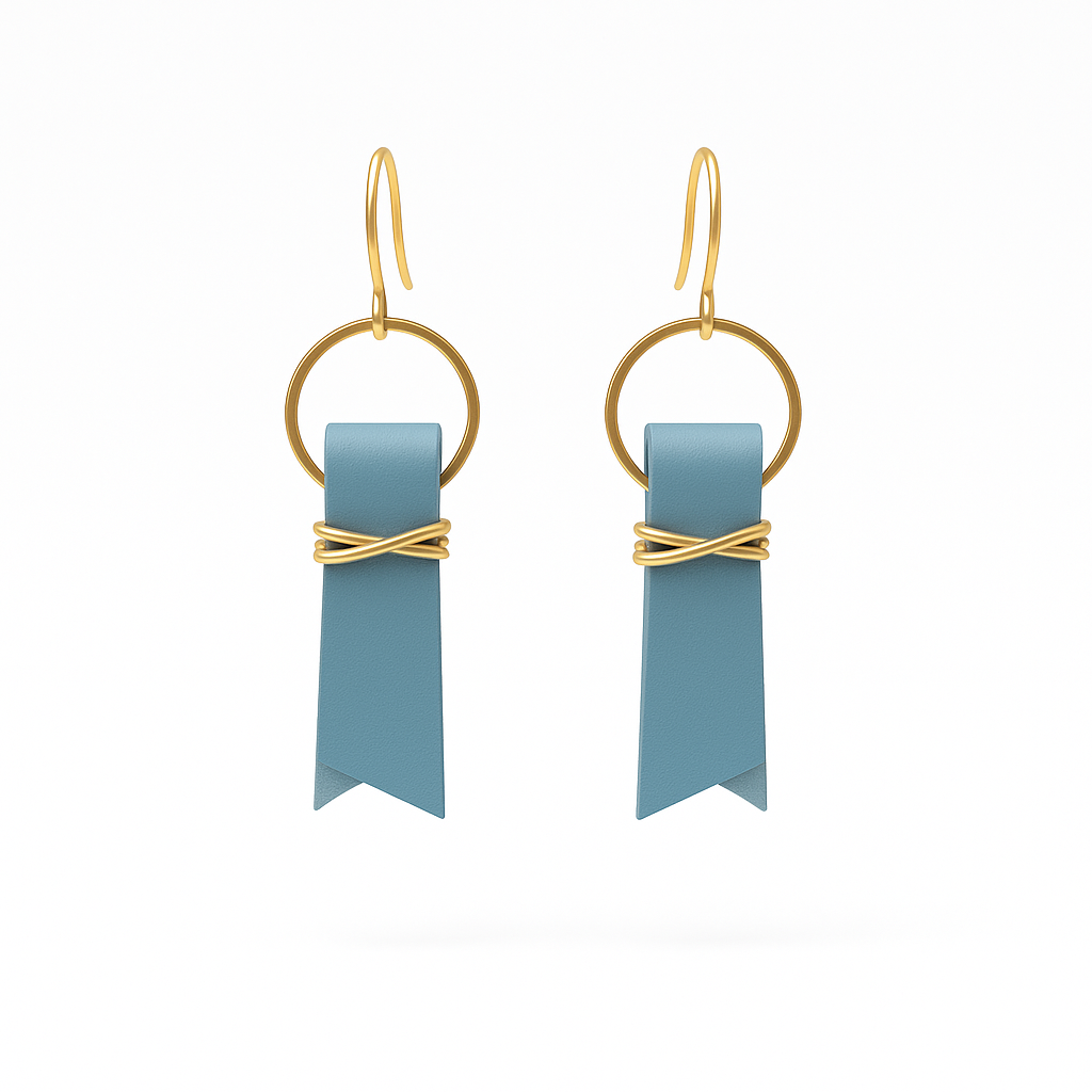 A pair of blue leather ribbon earrings accented with gold-plated wire and rings on a white background.
