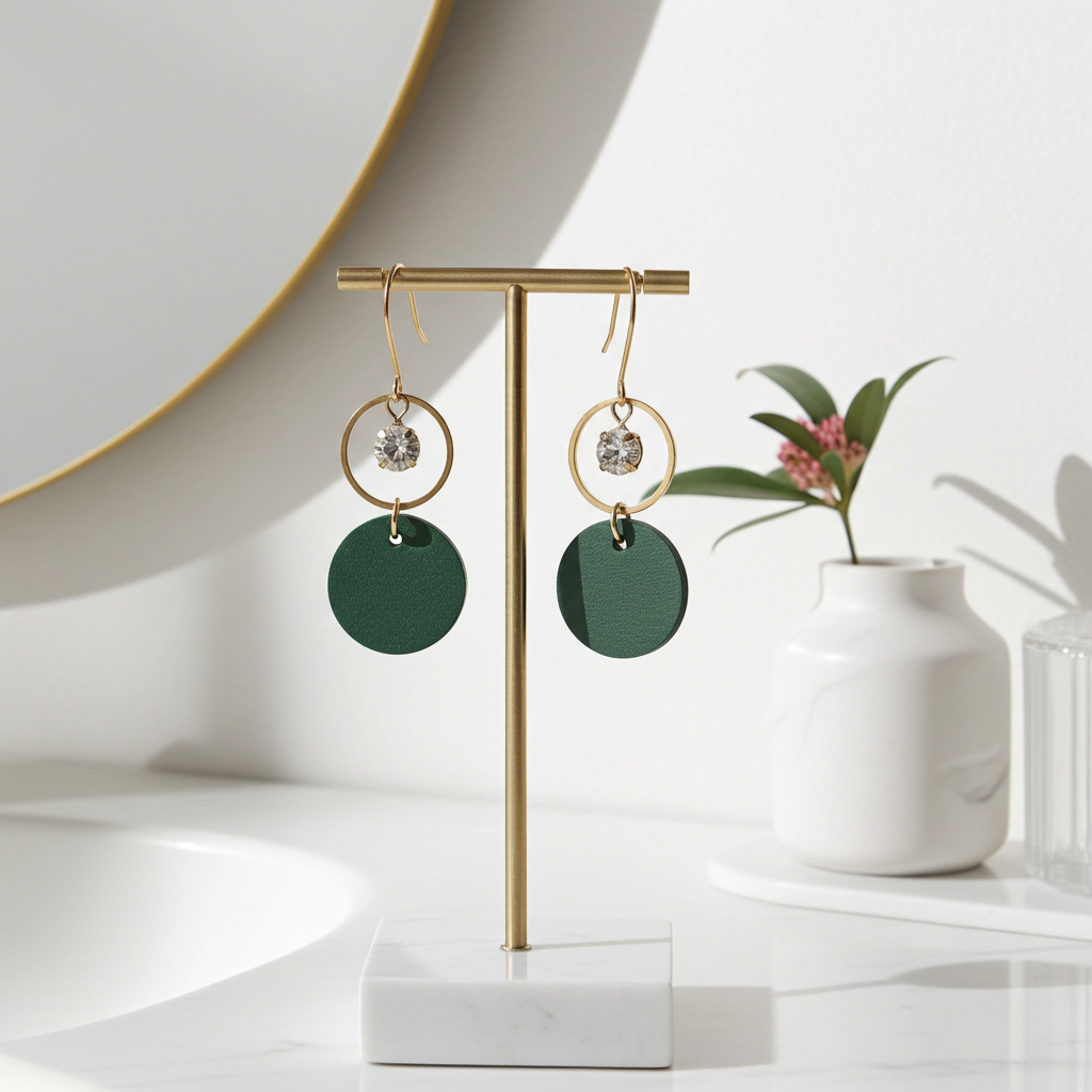 Green leather statement earrings featuring gold-plated rings and crystal details on a gold stand with a white vase and plant in the background.