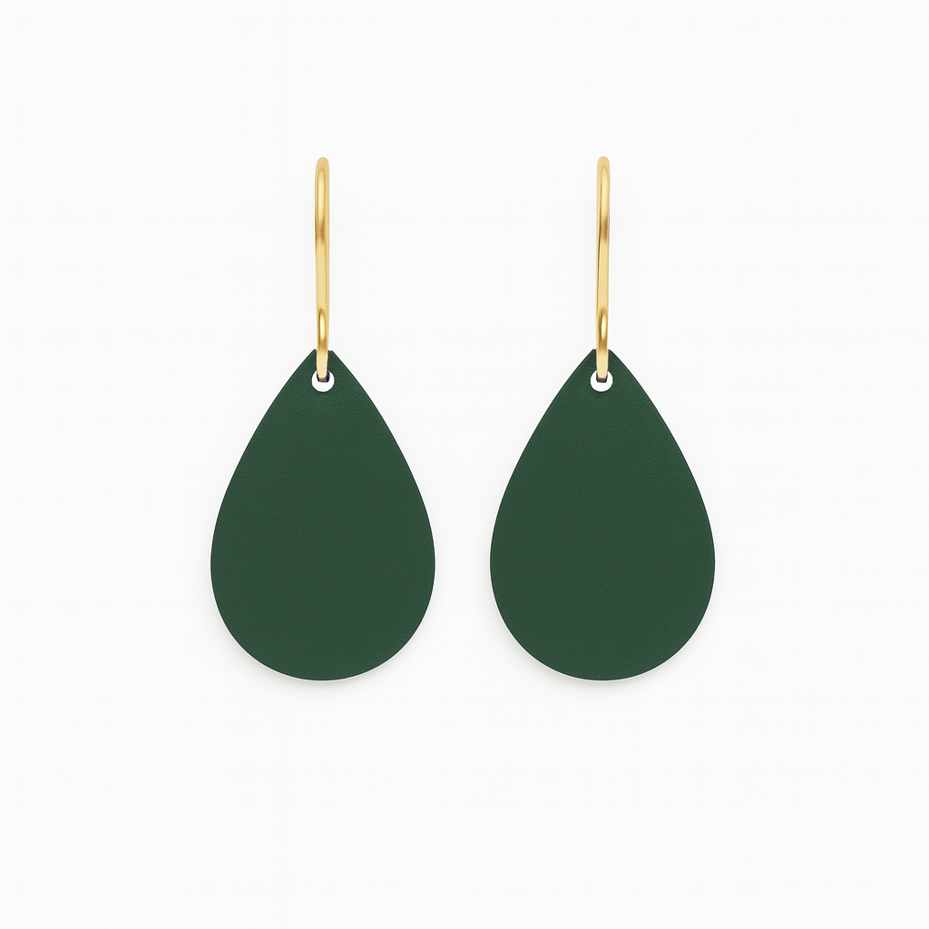 A pair of green leather teardrop earrings with gold-plated stainless steel hooks on a white background.