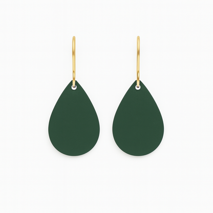 A pair of green leather teardrop earrings with gold-plated stainless steel hooks on a white background.