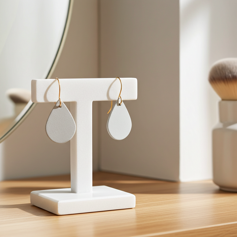 Light gray leather teardrop earrings with  gold-plated hooks on a white stand with a neutral background.