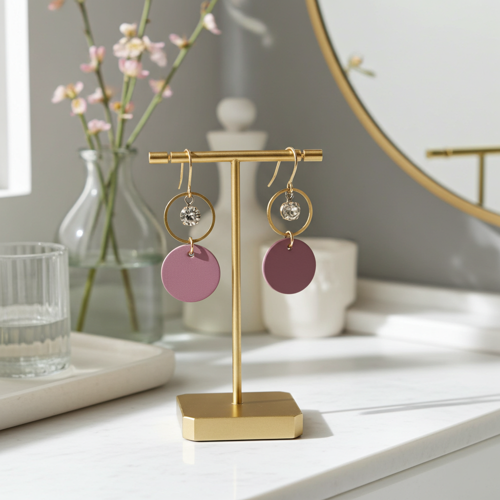 Mauve leather statement earrings featuring gold-plated rings and crystal details on a gold earring stand on a blurred background.