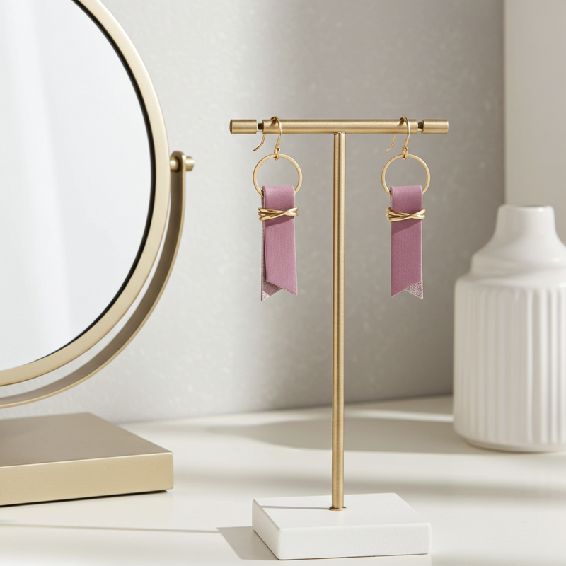 Mauve leather ribbon earrings accented with gold-plated wire and rings on a gold earring stand on a neutral background.