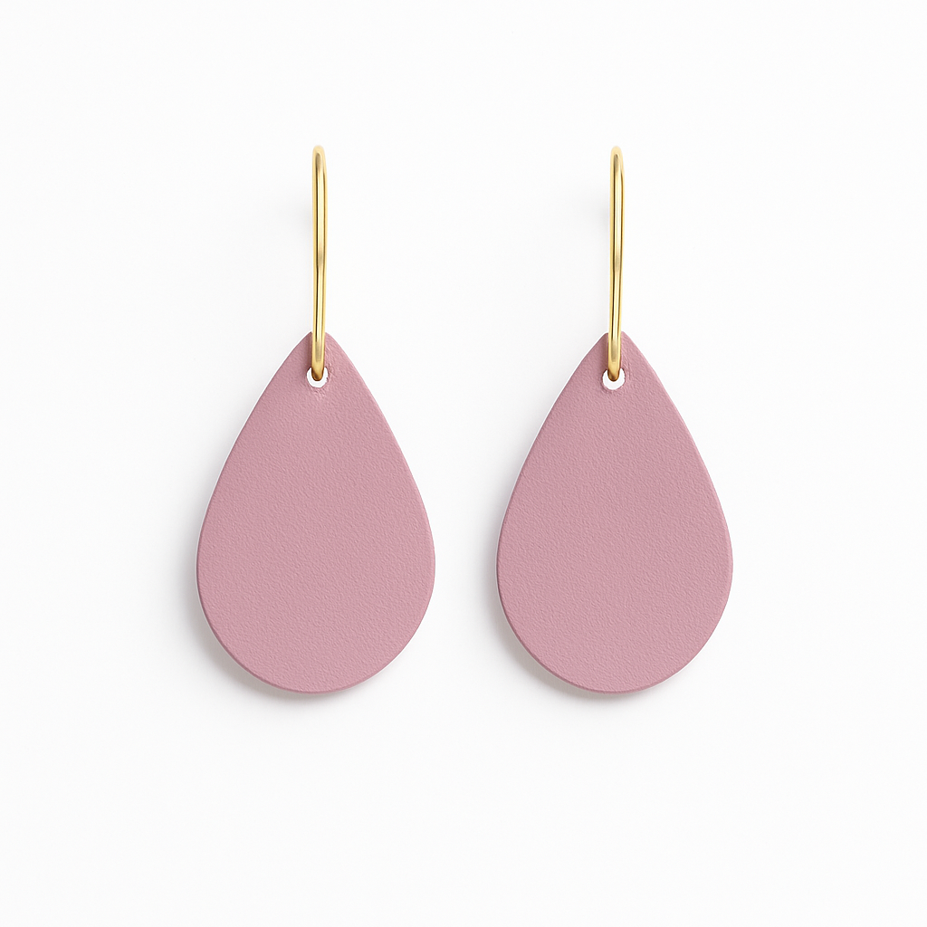 Mauve leather teardrop earrings with gold-plated stainless steel hooks earrings on a white background.