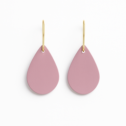 Mauve leather teardrop earrings with gold-plated stainless steel hooks earrings on a white background.