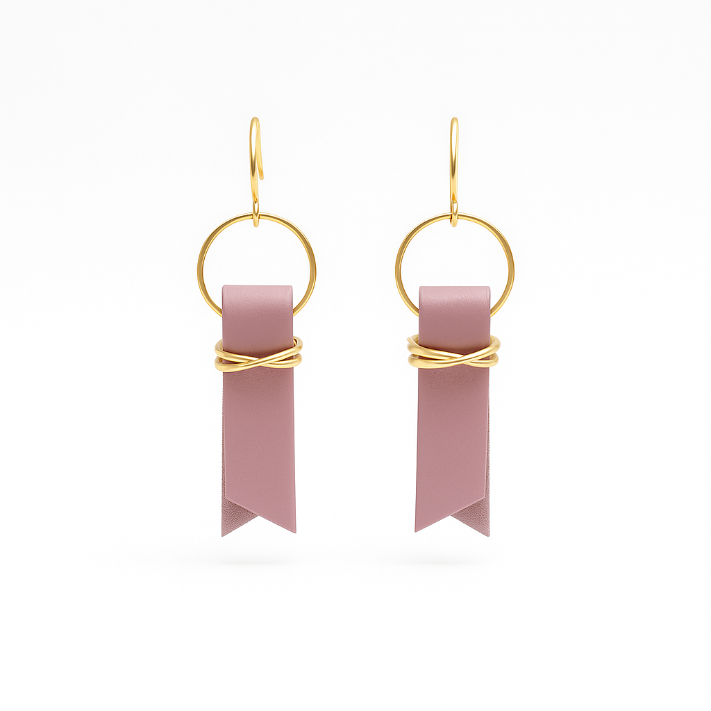 A pair of mauve leather ribbon earrings accented with gold-plated wire and rings on a white background.