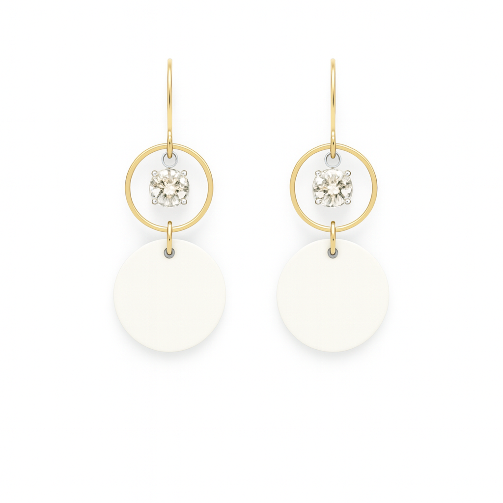 Off-white leather statement earrings featuring gold-plated rings and crystal details on a white background.
