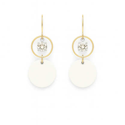 Off-white leather statement earrings featuring gold-plated rings and crystal details on a white background.