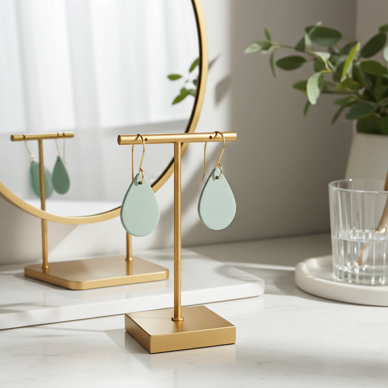 Gold earring stand with seafoam green teardrop earrings with gold-plated hooks on a white surface.