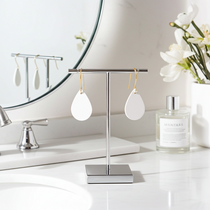 White leather teardrop earrings with gold-plated hooks on a stand with a mirror and flowers in the background.
