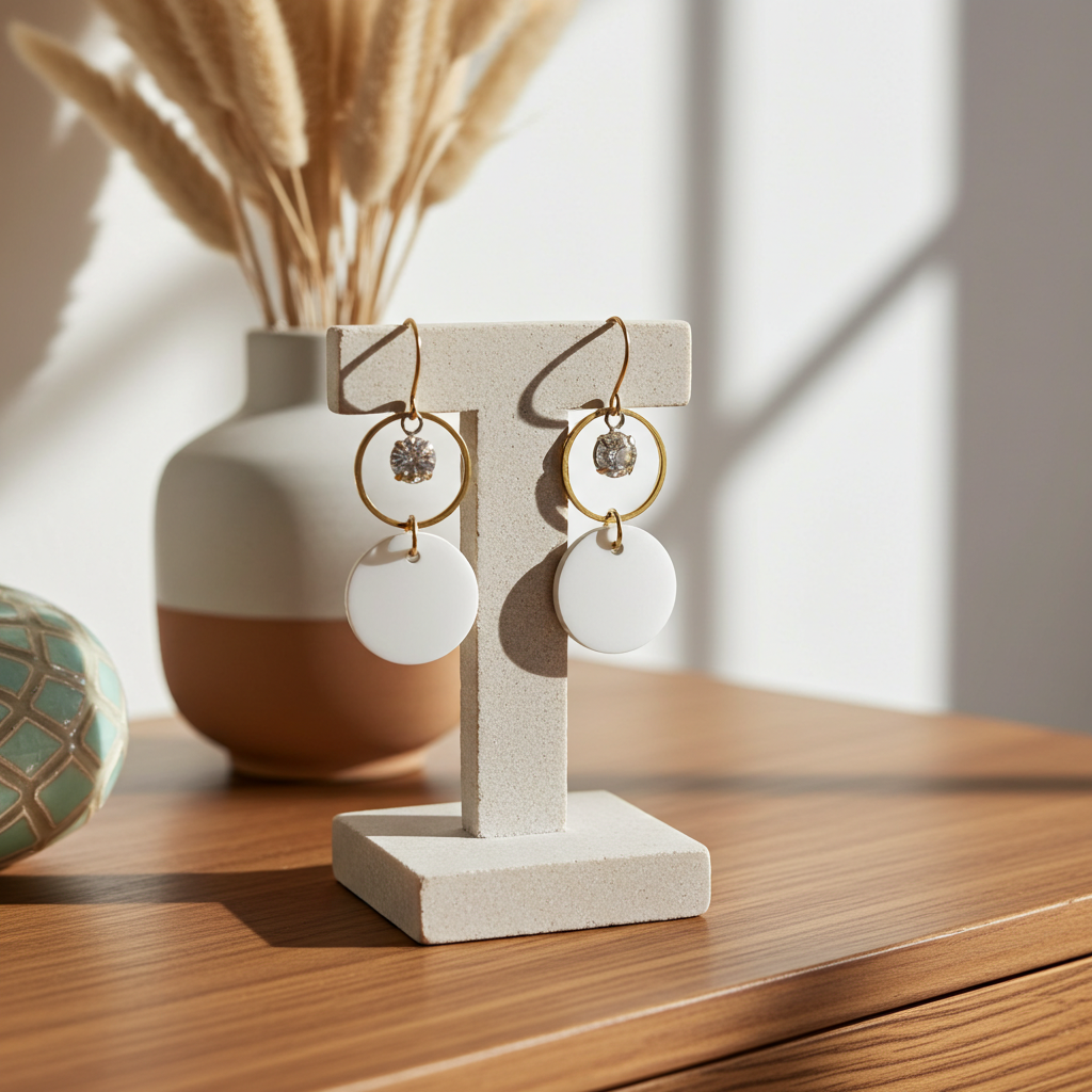Off-white leather statement earrings featuring gold-plated rings and crystal details on a stand with a vase in the background.