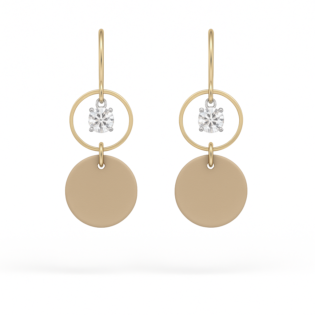 Beige leather statement earrings featuring gold-plated rings and crystal details on a white background.