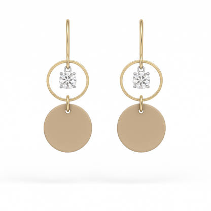 Beige leather statement earrings featuring gold-plated rings and crystal details on a white background.