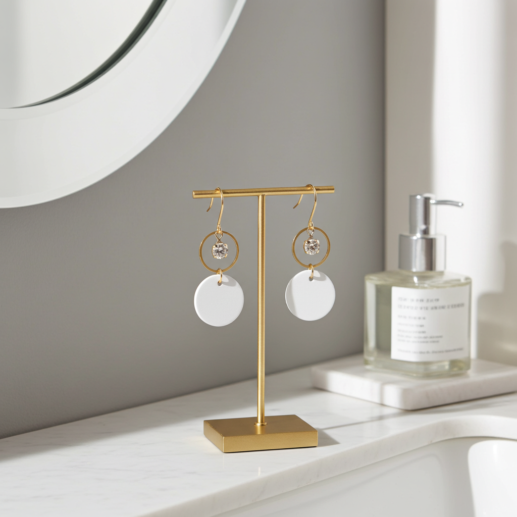 Gold earring stand with white leather statement earrings featuring gold-plated rings and crystal details on a bathroom counter next to a bottle of soap.