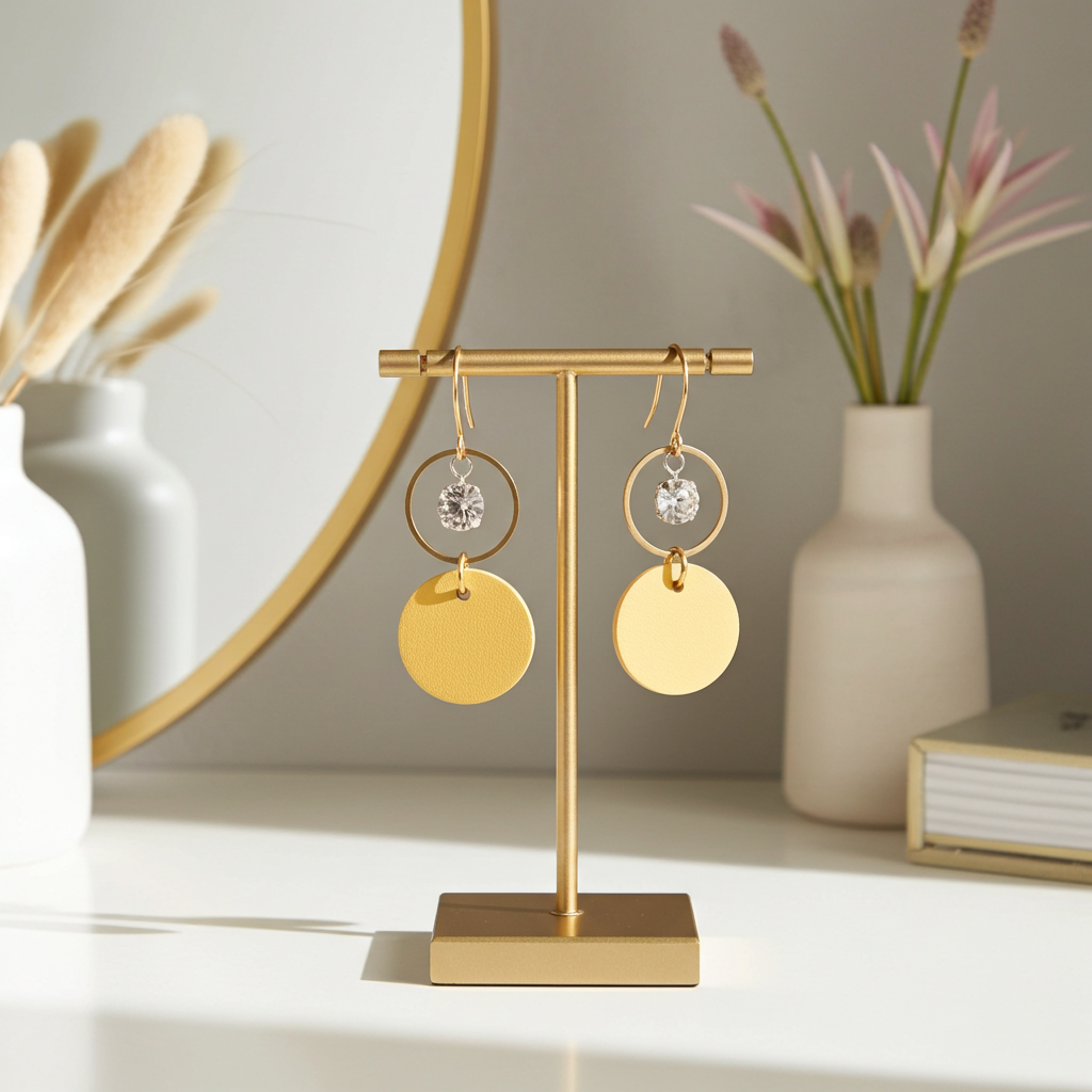 Yellow leather statement earrings featuring gold-plated rings and crystal details on a stand with decorative elements in the background.