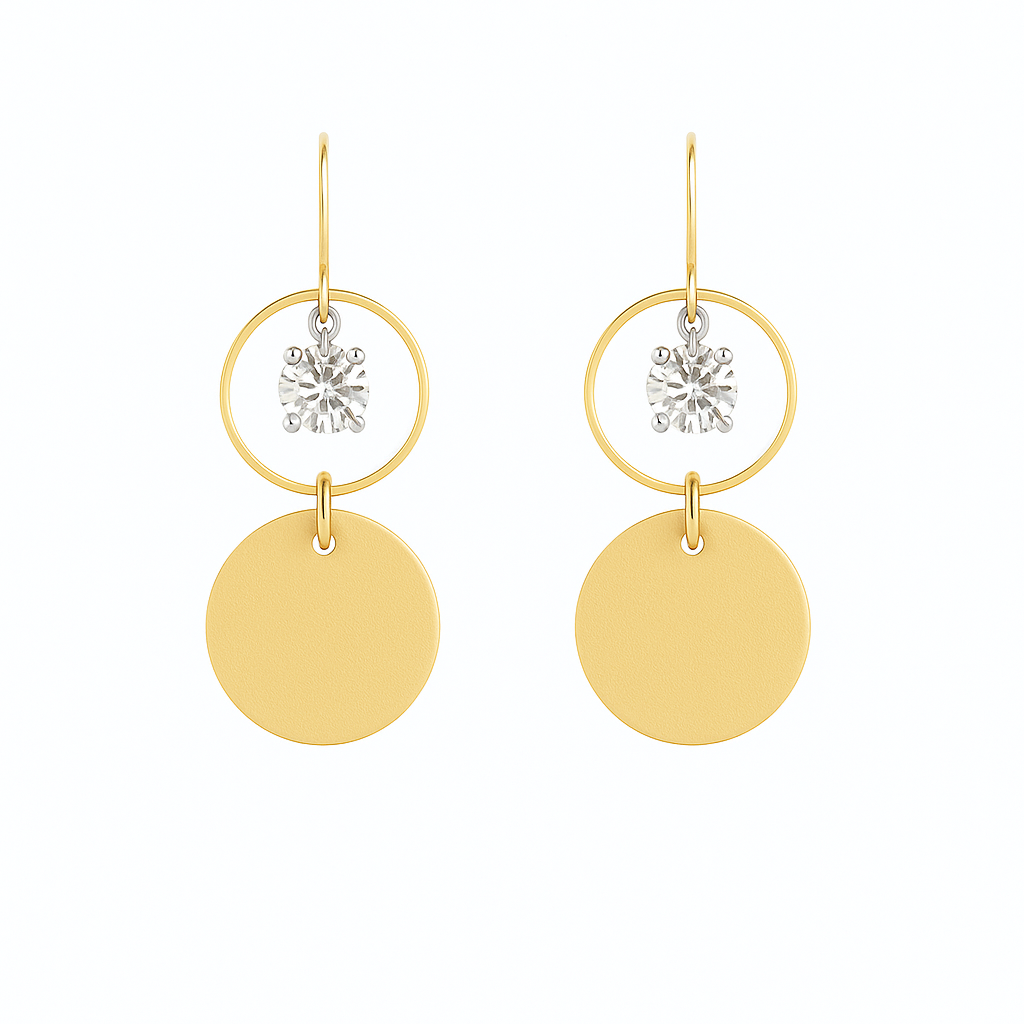 Yellow leather statement earrings featuring gold-plated rings and crystal details on a white background.