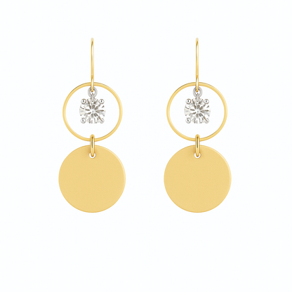 Yellow leather statement earrings featuring gold-plated rings and crystal details on a white background.